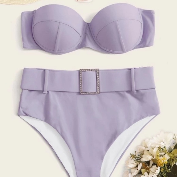 NEW PURPLE SWIM SUIT WITH CRYSTAL BELT SIZE MEDIUM - Picture 3 of 7